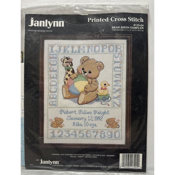 Janlynn Bear Birth Sampler printed cross stitch kit vintage 1992 11” X 14” - Picture 2 of 4